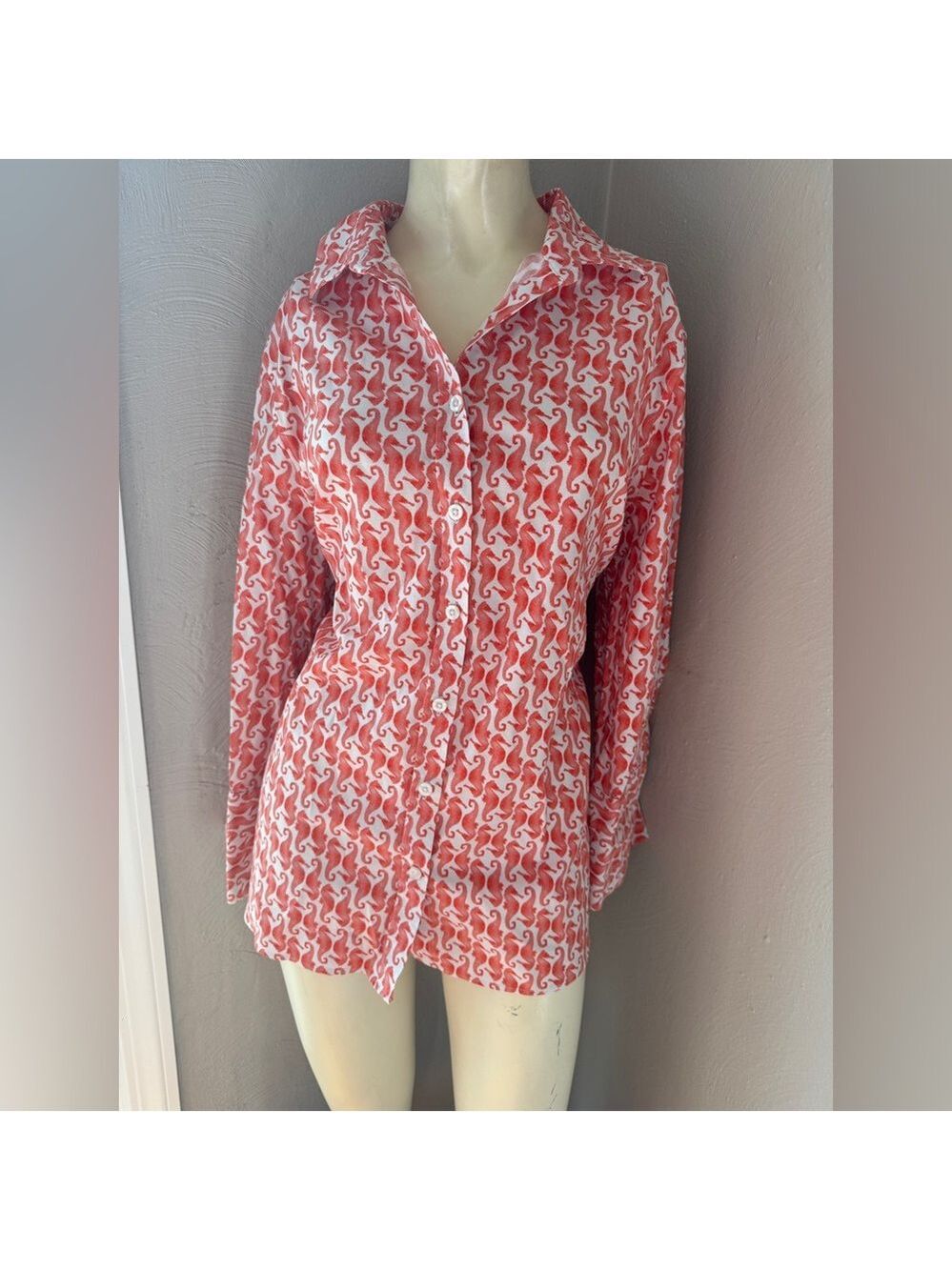 Chico's No-Iron button-down blouse, seahorse pattern, orange, size 12 (2)